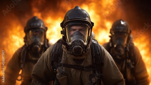 Firefighters in fullface respirators responding to emergency