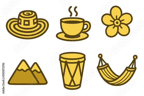 Colombian icons in light and dark yellow shades: sombrero, coffee, flower, mountain, drum, hammock. Flat cartoon style on transparent.