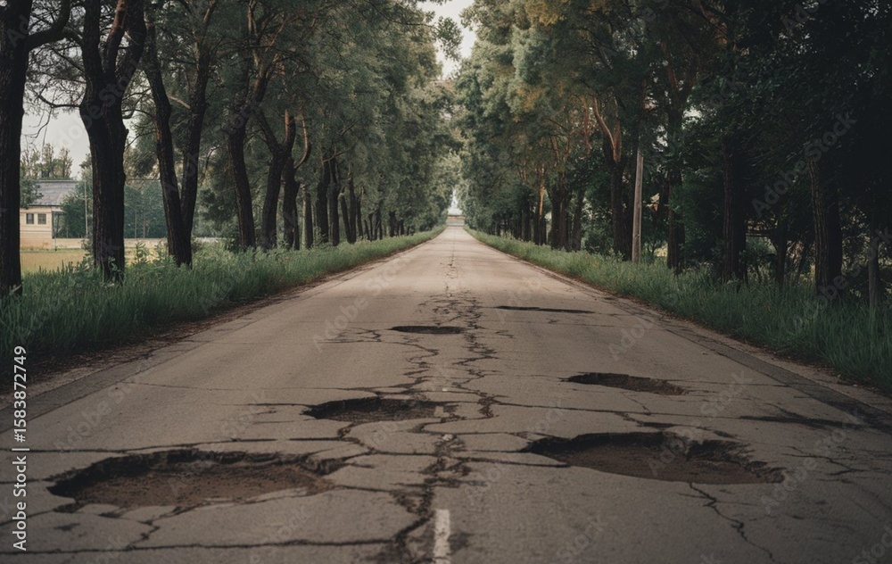 A cracked asphalt road with several potholes A cracked asphalt road with several potholes