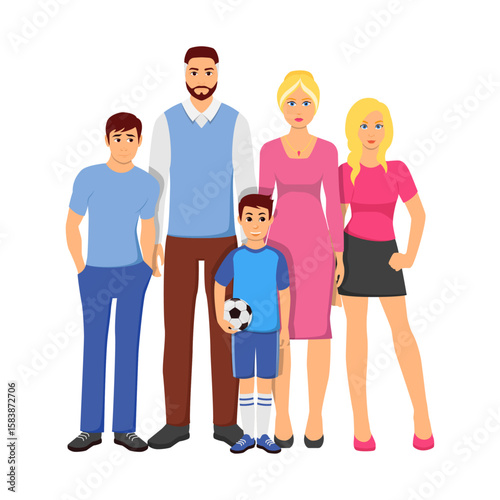Vector illustration of a family portrait with parents, son, and two daughters.