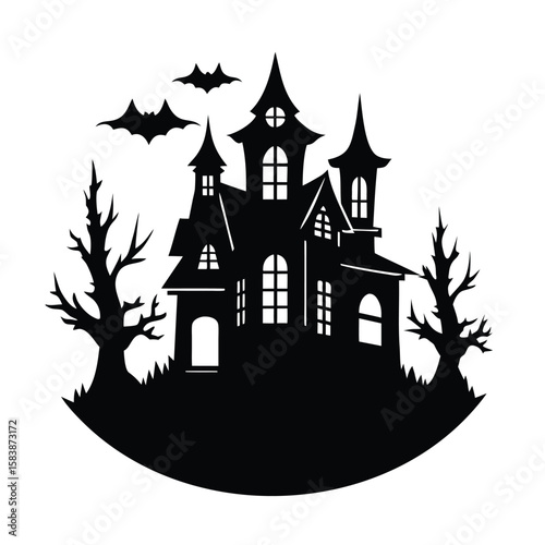 Spooky haunted mansion with bats and barren trees silhouette for halloween