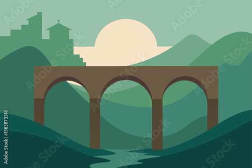 Ancient Bridge over Foggy River Valley
