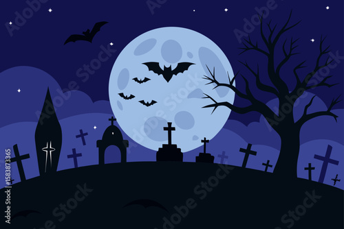 A Spooky Halloween Night Illustration Featuring a Haunted House
