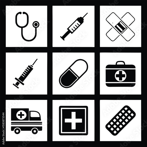 Medical icons stethoscope syringe capsule first aid kit ambulance health care