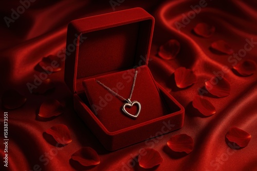 product mockup of a square velvet gift box, partially opened to reveal a delicate heart-shaped necklace inside