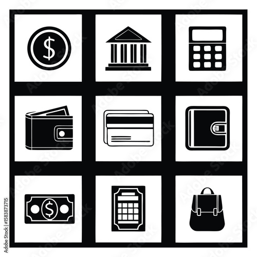 Black vector icons depicting financial objects and symbols money coin