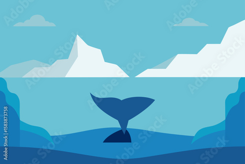 Iceberg Landscape with Whale Tail in the Distance