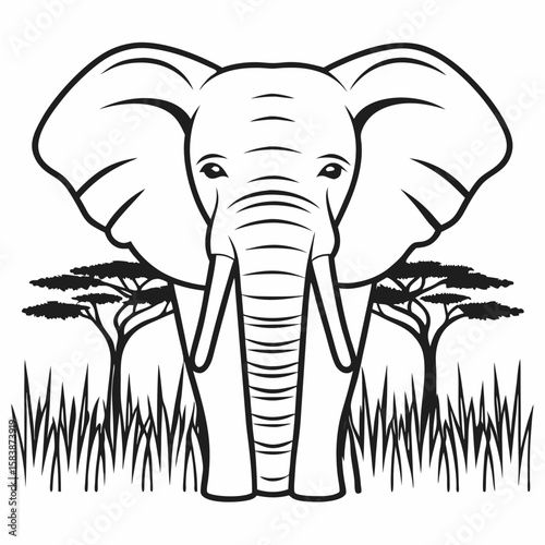 Elephant in field black and white outline icon