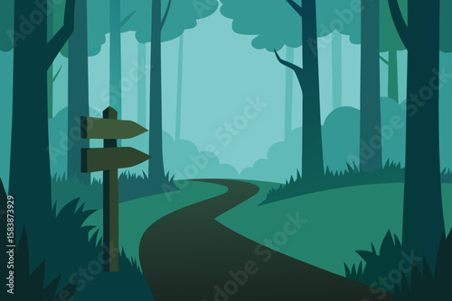 Misty Forest Trail with Wooden Signposts