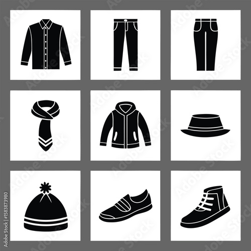 Black vector silhouettes of clothing and accessories fashion apparel