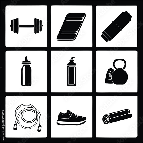 Dumbbell yoga mat water bottle kettlebell jump rope shoe foam roller weight barbell