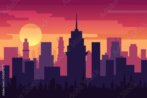 Sunset Cityscape a Stunning Vector Illustration of Urban Life