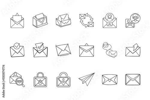 Email communication icons set showing envelopes, checkmarks, arrows, people, locks, paper airplane