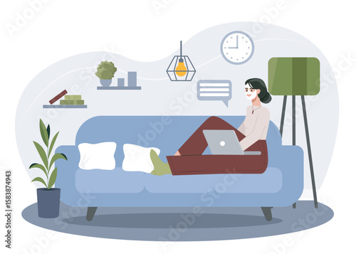 Woman working on laptop at home lounge. Vector illustration