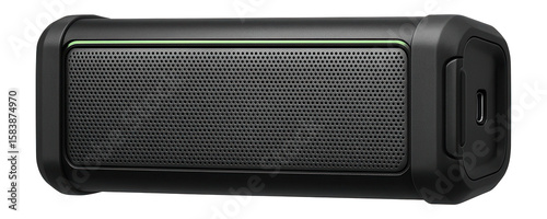 Portable battery-powered soundbar with a rugged exterior and USB-C charging port for outdoor use