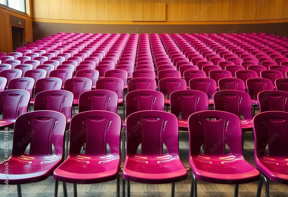 Naklejka premium Rows of empty plastic chairs in a school auditorium, school hall, vacant