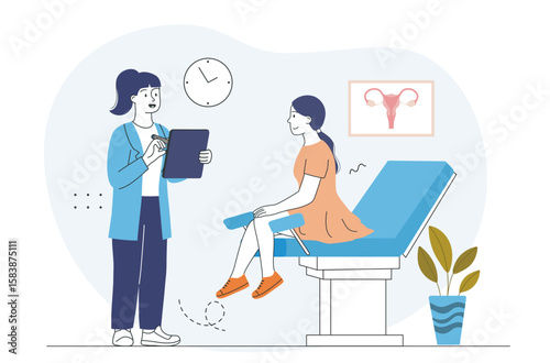 Woman at gynecologist consultation room. Vector illustration