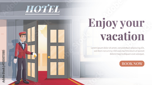 Hotel doorman welcoming guests in lobby. Vector illustration