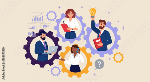 Conceptual illustration of business synergy, with a diverse team working within a cogwheel system for streamlined operations