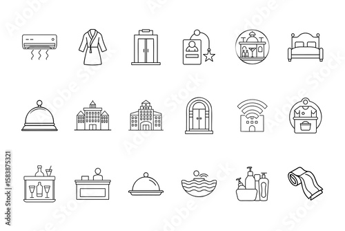 Outline hotel business icons including buildings reception spa room service amenities bundle