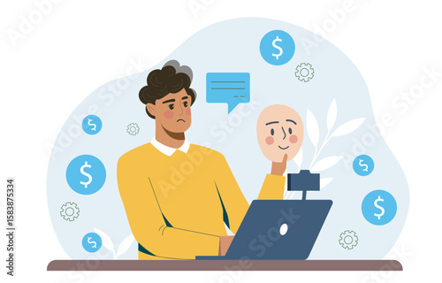 Man holding happy mask at laptop desk. Vector illustration