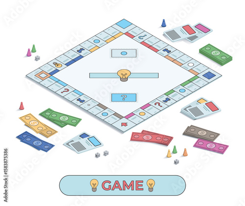 Board game with money and cards pieces. Vector illustration