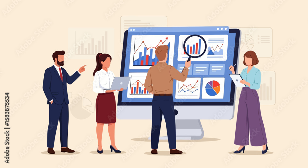 Fototapeta premium Business team analyzing data on a large computer screen with charts and graphs. Concept of teamwork for business strategy and analytics.