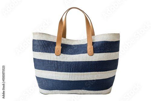 Raffia tote bag in blue and white stripes featuring leather handles, a chic accessory for summer vacations and beach outings.