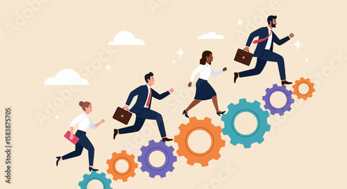 Strategic Business Growth Team Climbing Gears to Success, Leadership and Career Progression