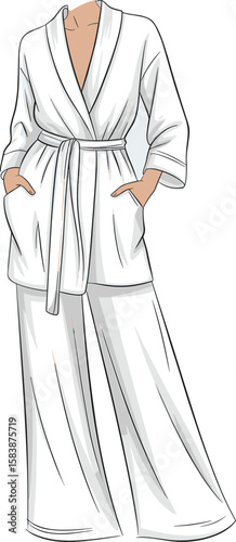 hite lounge set, kimono-style robe, wide-leg pants, cozy sleepwear, soft fabric, belt detail, minimalist design, comfortable homewear, fashion illustration, stylish nightwear, elegant loungewear, bedr