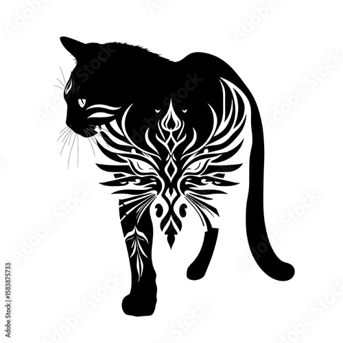 walking black cat silhouette with tribal tattoo design