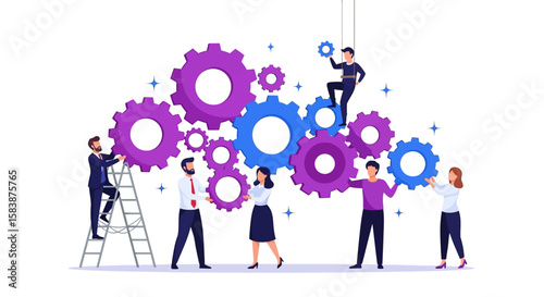 Teamwork Illustration Diverse Group Building Cogwheels Together for Collaboration and Project Success