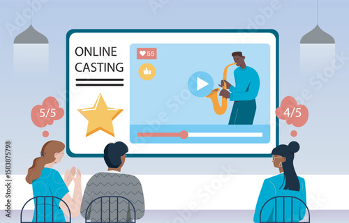 Online casting audition rating scene. Vector illustration