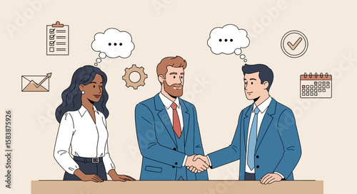 Business Deal Handshake Illustration Collaboration and Agreement, professionals in a meeting closing a deal with a handshake.