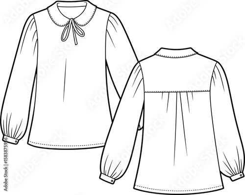 Long sleeve blouse fashion illustration with bow tie collar, elegant clothing template, front and back sketch for sewing design