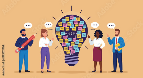 Brainstorming Team Sparking Ideas Collaborative Effort & Sticky Notes Light Bulb Concept for Innovation
