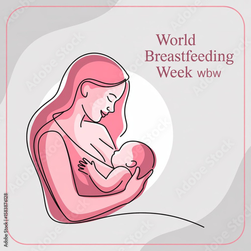 World Breastfeeding Week  banner pink modern line mom breastfeeding baby in line curved corner frame sign vector design isolated on white background
