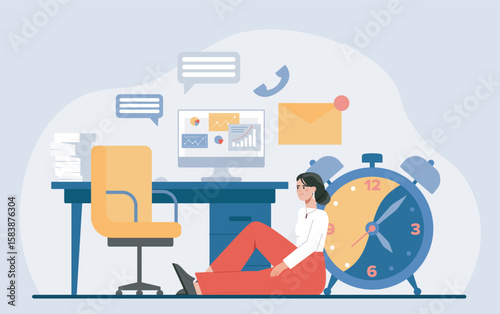 Tired office worker sitting near clock. Vector illustration