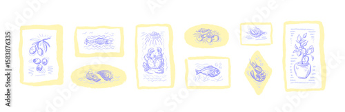 Vintage frame set. Art travel postcard stamp. Sea