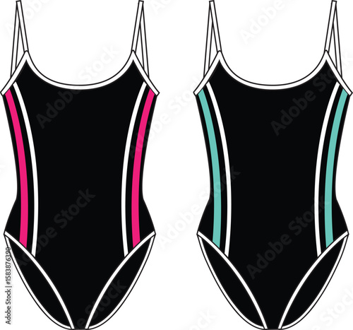 Women's Striped Swimsuit. Technical fashion illustration. Front, black color. Women's CAD mock-up.