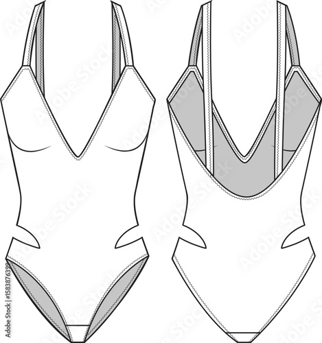 Women's Cut-out Swimsuit with Straps. Swimsuit technical fashion illustration. Flat apparel Swimsuit template front and back. Women's CAD mock-up.