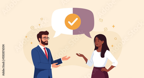 Effective Business Communication Two professionals in productive dialogue with a positive outcome showcasing collaboration and agreement.