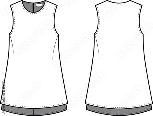 Sleeveless tunic top fashion illustration, stylish design, front and back view, curved hemline, modern apparel sketch, summer clothing concept