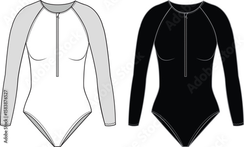 Women's Zip-up Swimsuit. Swimsuit technical fashion illustration. Flat apparel Swimsuit template front, white and black. Women's CAD mock-up.