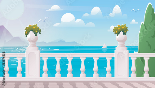 Seaside terrace with ocean view scene. Vector illustration