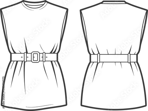 Sleeveless tunic top, belted fashion design, front back view, stylish garment sketch, clothing template, elegant silhouette, pattern illustration, fashion artwork, soft textile concept, tr