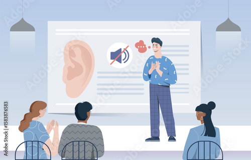 Man teaching sign language to audience. Vector illustration