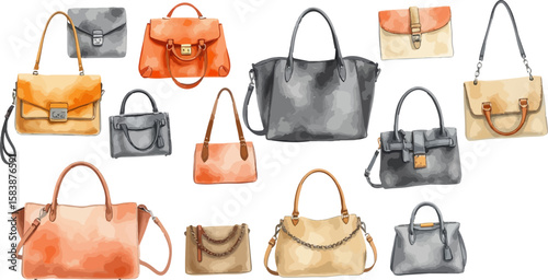 Set of handbags watercolor vector illustration.