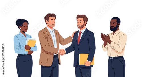 Successful Business Agreement Professionals celebrate closing a business deal with handshake and support from team.