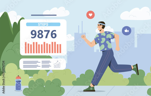 Fitness tracker stats while jogging outdoors. Vector illustration